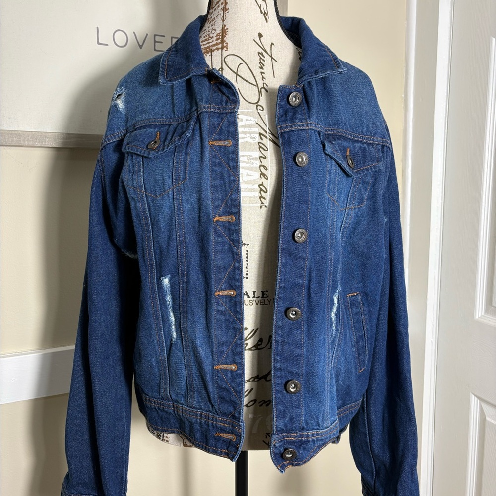 Espoir Apparel Distressed Denim Jacket Graffiti Back Protect and Respect Woman - Picture 2 of 7